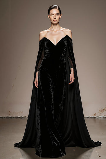 Black Off The Shoulder Velvet Evening Dress with Cloak